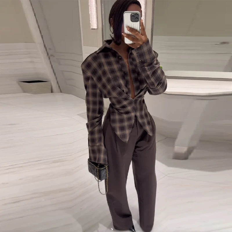 Women Chic Design Sense Plaid Shirt Fashion Casual Waist Cinched Slim Fit Long Sleeved Sexy Shirts  Autumn Stylish Women Tops
