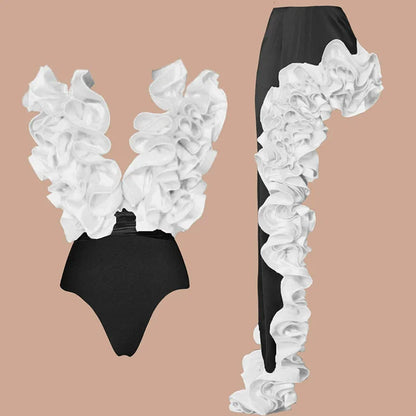 CM.YAYA Women Sets Streetwear 2 Two-piece Suits Sexy Beach Holiday Ruffles Asymmetrical V-neck Bodysuit+Long Skirts Bikinis Sets