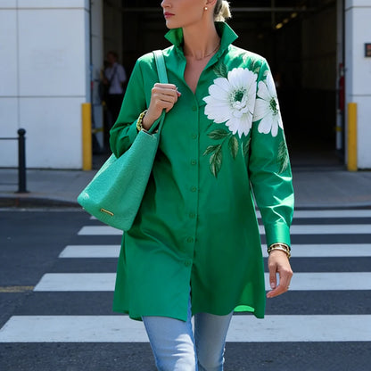 Yeezzi Women's Floral Printed Oversized Green Shirts Long Sleeves Buttoned Lapel Blouses Elegant Office Casual Tops 2026...