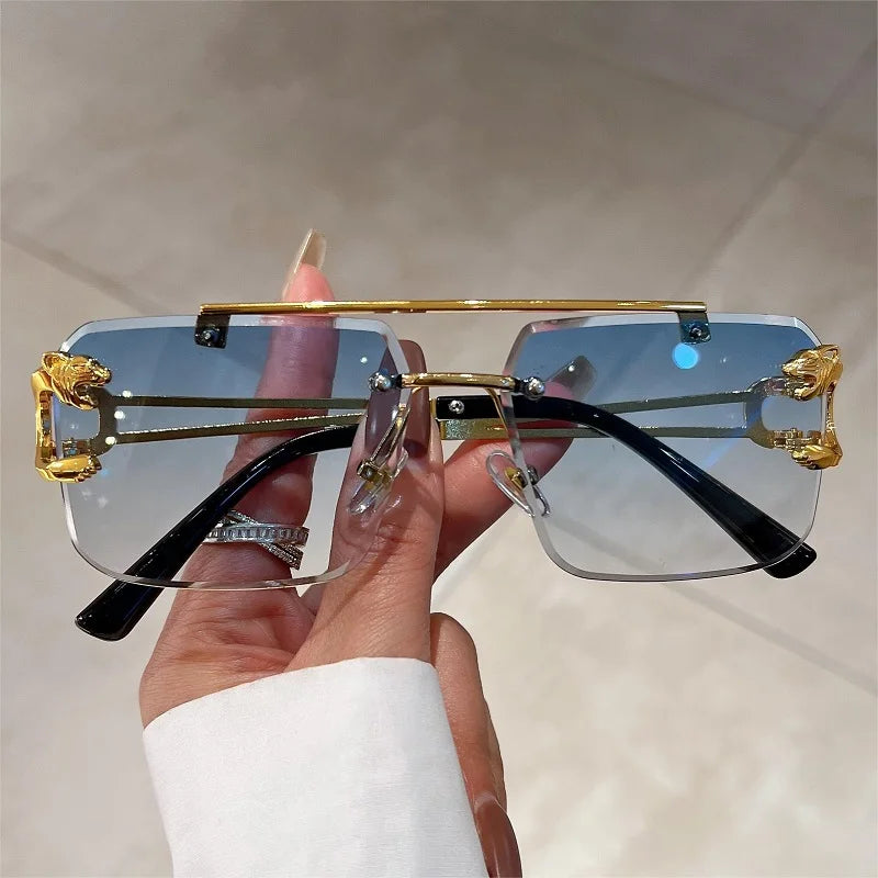 KAMMPT Vintage Rimless Sunglasses Men Women Fashion Oversized Square Shades Eyewear New Double Bridge Gradient UV400 Sun...
