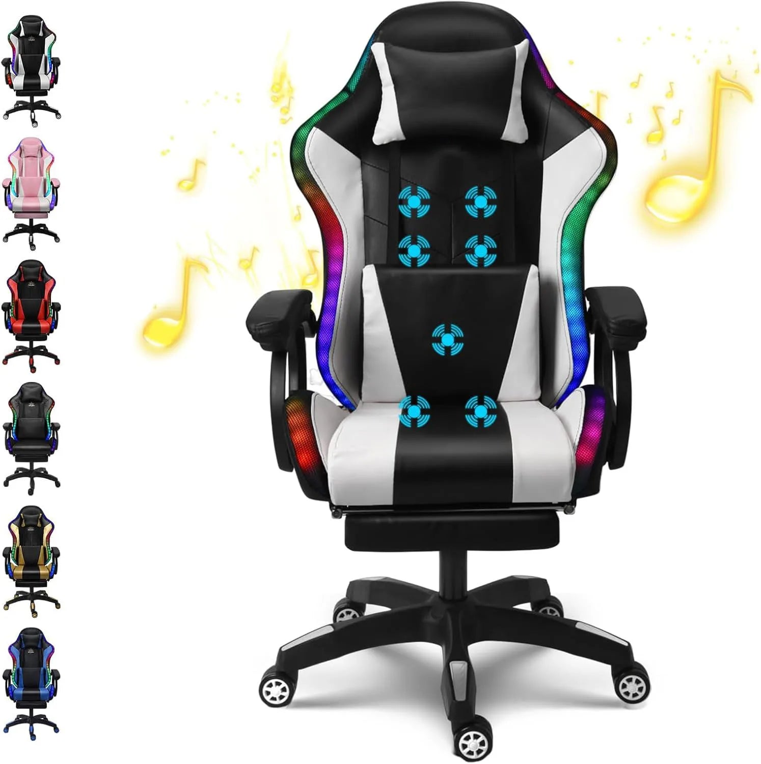 Gaming Chair with Speakers & RGB LED Lights Ergonomic Computer Gaming Chair with Footrest Music Video Game Chair