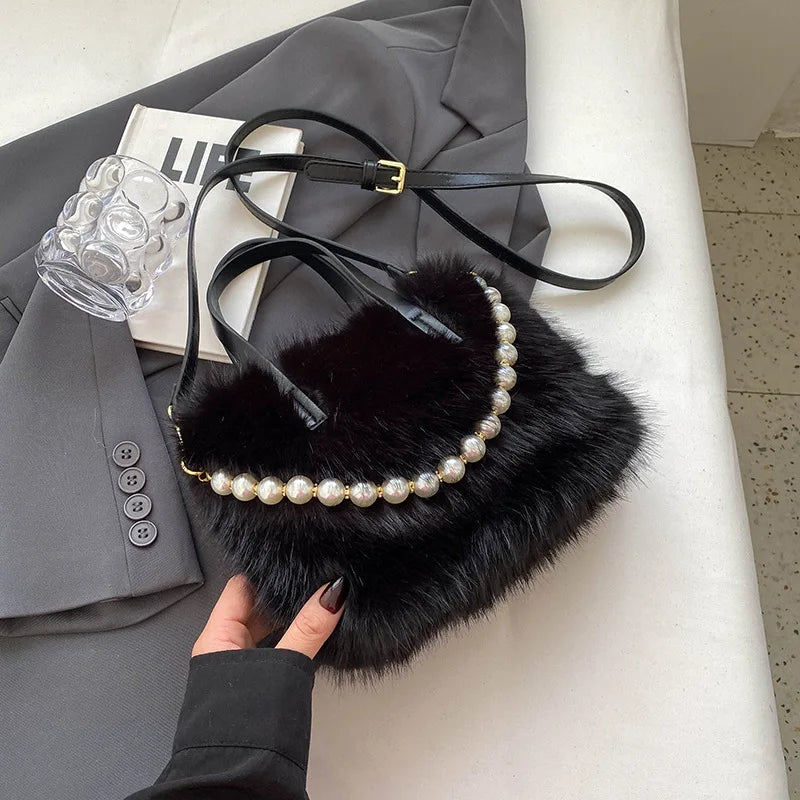 Fairy Handbag Pearl Chain Plush Small Square Bag For Women Fashion Elegant Shoulder Crossbody Bag Autumn Winter Versatile Totes