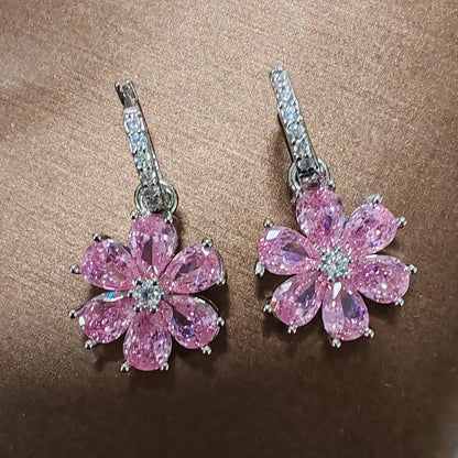Pink Flower Sparkling Zircon Silver Drop Earrings for Women Vintage Jewelry Wedding Engagement Hoop Earrings Gifts |...