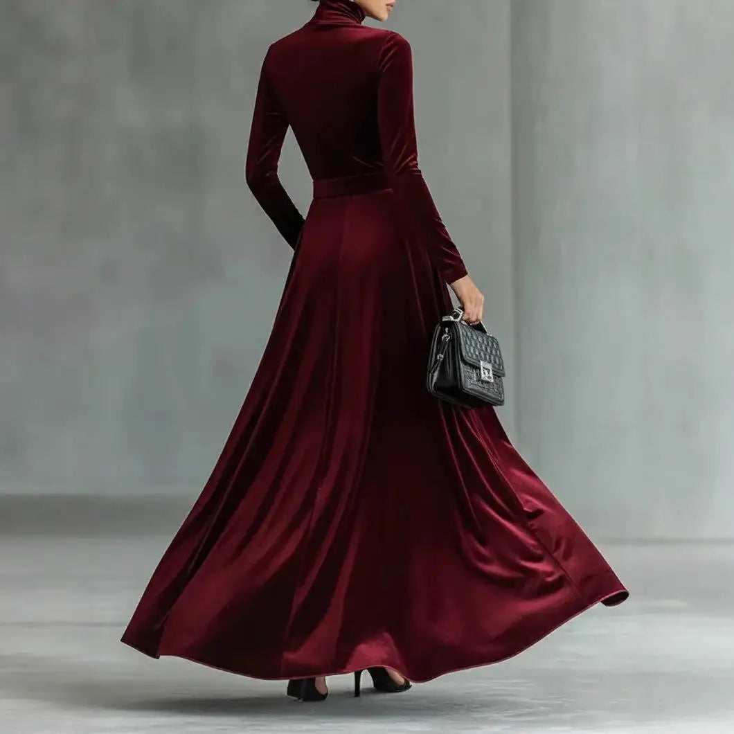 Velvet High Collar Base Dr Evening Gown mid Waist Long Skirt Ci Commute Sle Autumn Season Women's Faion Single Piece |...