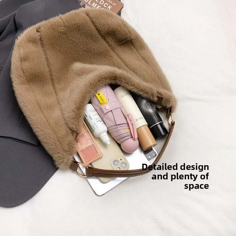 New Winter Versatile Commuting Shoulder Bags Women Large Capacity Furry Bucket Bag for Commute Texture and Simple Storage Bags