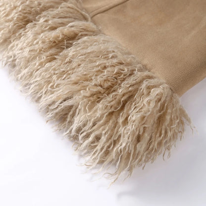 Vintage Patchwork Women's Faux Fur Trim Coat Urban Lapel Full Sleeve Female Jacket Female 2026 Spring Winter Lady Streetwear New