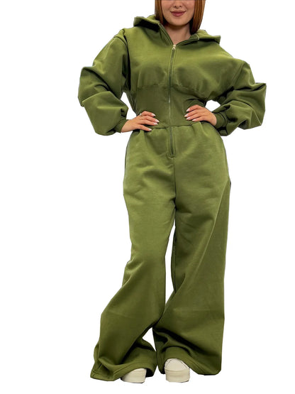 Women's Hooded Zipper Elastic Waist Jumpsuit Long Pants Sports Casual Solid Color Comfortable Casual Cross-Border Style