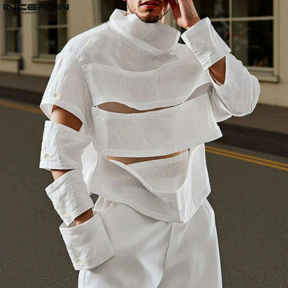 INCERUN Men Irregular T Shirts Solid Color Turtleneck Long Sleeve Hollow Out Men Clothing Streetwear 2025 Fashion Sexy Camisetas