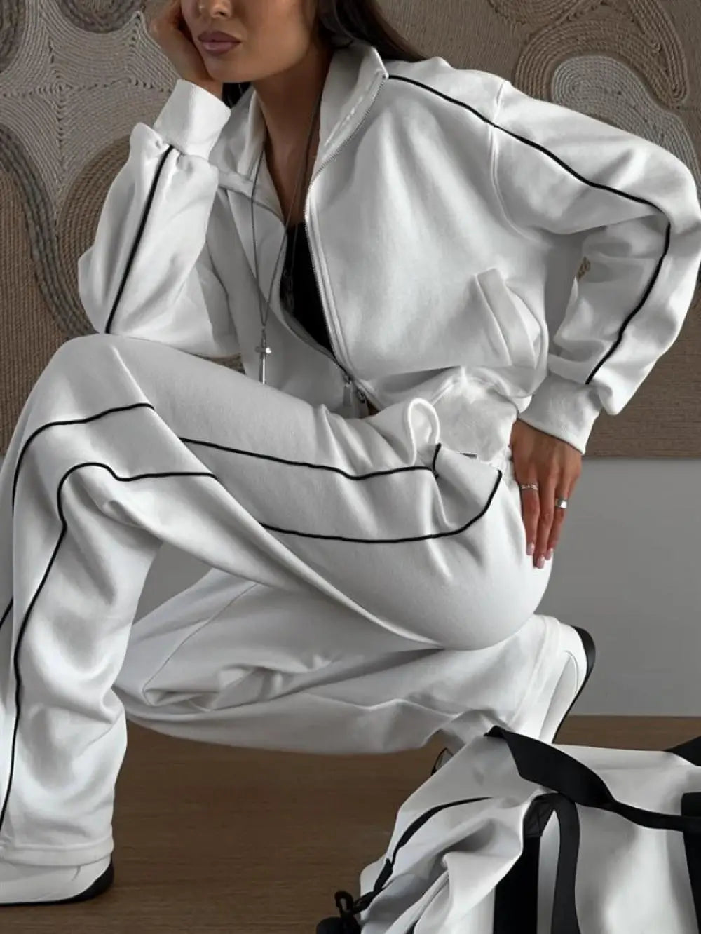 Casual Fashion Suit Ladies Zipper Cardigan Jacket Sports Tether Trousers Two-Piece Ladies Street Style Suit - Kimlud