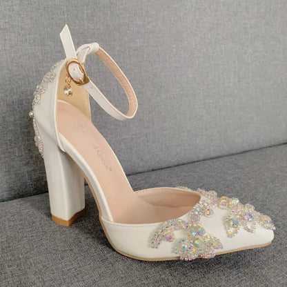 Summer Brand Women Sandals Party Flower Rhinestone Cover Heel 10.5 CM Square Heel Lady Wedding Hot Sale Lovely Women Shoe - Kimlud