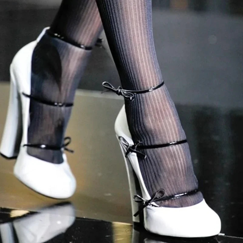 Butterfly Knot Strap Leather High Heels Sexy Pointed Toe Square Heel Accept Customized New Arrvials Fashion Women Modern Shoes