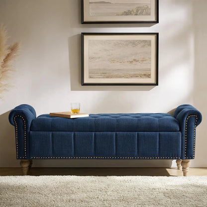 Farmhouse Upholstered Storage Bench, End of Bed Bench with Vintage Button Tufted Design(Blue)