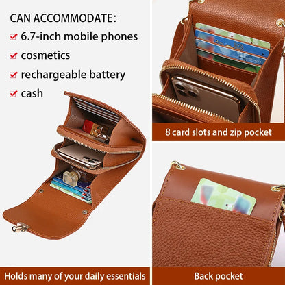 Genuine Leather Phone Bag, Crossbody Bag, Shoulder Bag with 8 Card Slots, ID Evidence Slot, Zipper Pocket, lychee Patterned Cowh