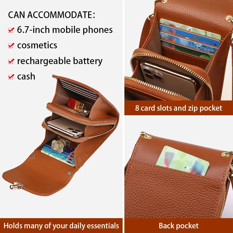 Genuine Leather Phone Bag, Crossbody Bag, Shoulder Bag with 8 Card Slots, ID Evidence Slot, Zipper Pocket, lychee Patterned Cowh