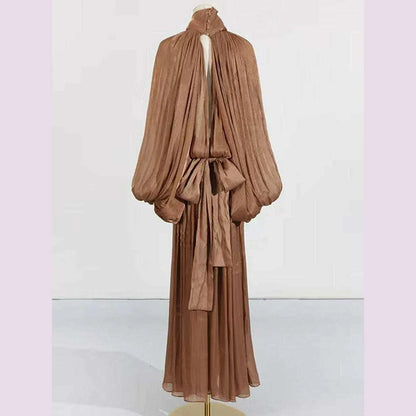 Spring 2025 women's vintage satin lanterny-sleeved sexy long dress with a leaky back, fashionable drape loose pleated skirt