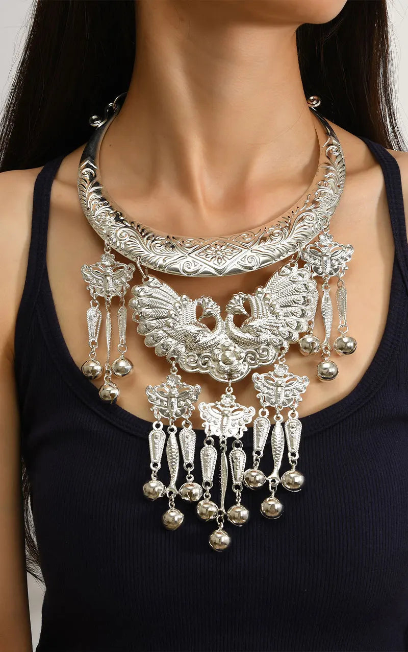 Ethnic Minority Miao Retro Necklace Traditional Chinese Silver Color Craft Dance Costume Special Accessory Chain