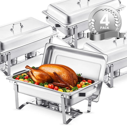 SucceBuy 8 Qt 4 Pack Chafing Dish Buffet Set Stainless Steel Chafer with 2 Full Size and 4 Half Size Pans Catering Warmer Server