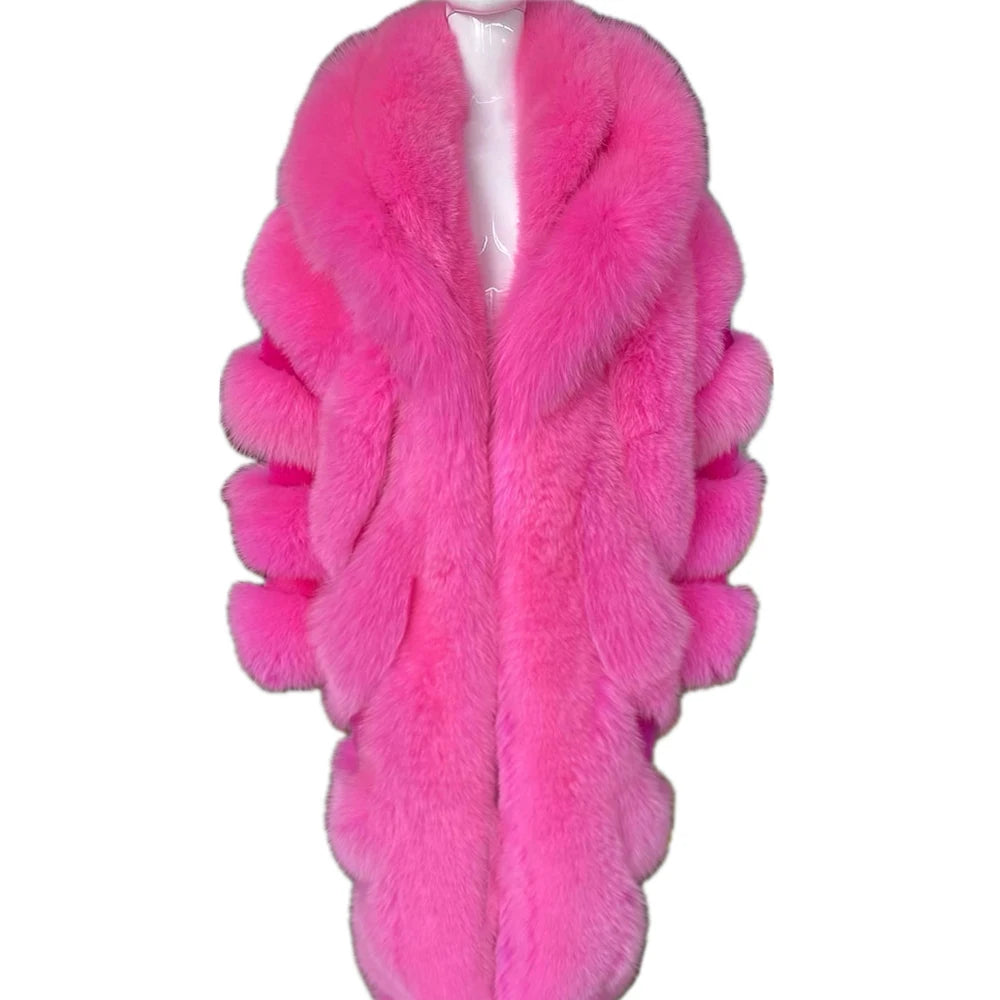 YOLOAgain 2025 Winter Warm Luxury Real Fox Fur Coat Women Pink Fox Fur Jacket Long