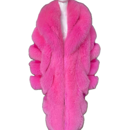 YOLOAgain 2025 Winter Warm Luxury Real Fox Fur Coat Women Pink Fox Fur Jacket Long