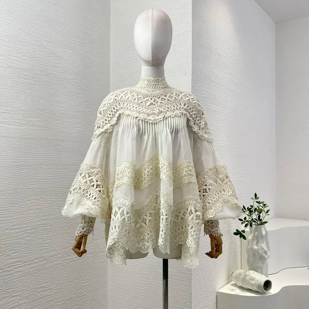 Linen Silk High Quality New Arrivals Hollow Out Long Lantern Sleeve Braid Embroidery Women Vintage Loose Blouse Tops