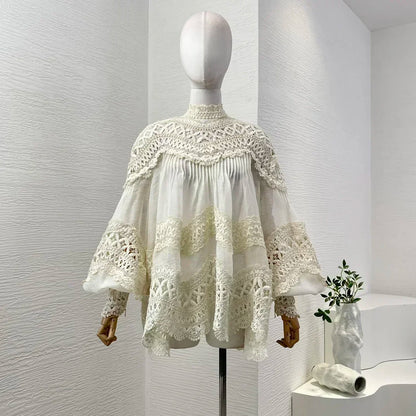 Linen Silk High Quality New Arrivals Hollow Out Long Lantern Sleeve Braid Embroidery Women Vintage Loose Blouse Tops
