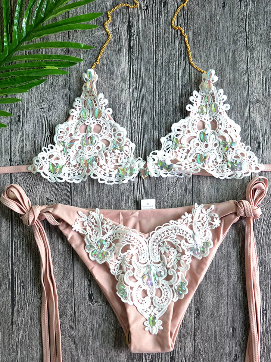 New Sexy Crystal Diamond Bikini 2023 Women Cross Bandage Swimsuit Female Swimwear Two Pieces bikini set Halter Bathing Suit Swim