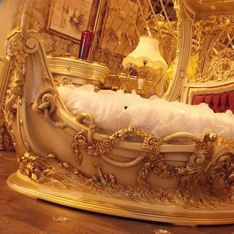 European-Style Wood Carved Double Bed Luxury Boat Style French Fabric Princess Villa Bedroom Furniture Bedroom Set Muebles - Kimlud
