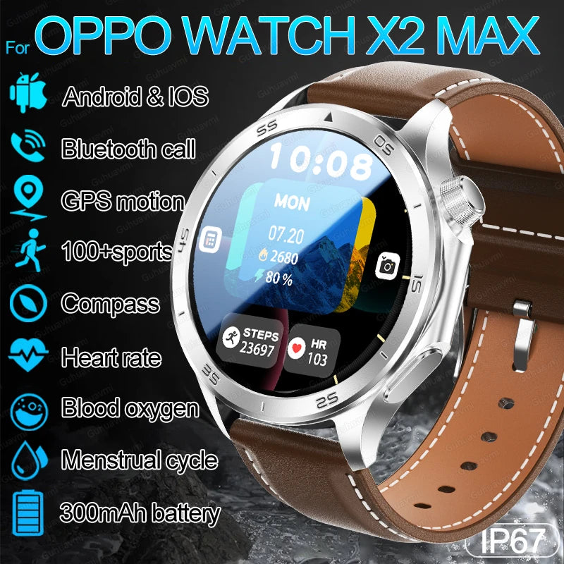 2025 NEW OPPO WANCH X2 MAX Outdoor Sports Men SmartWatch GPS Motion Trajectory Compass AMOLED Screen IP67 Waterproof Smart Watch