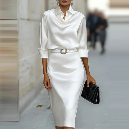 Fashionable satin high-end long sleeved dress with a casual temperament cinched waist and slimming effect new spring dresses
