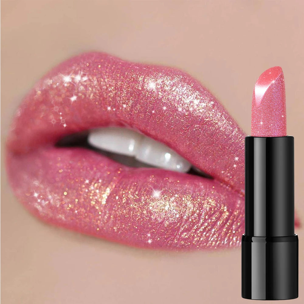 1 PC Glitter Lipstick, a pressable pearlescent lipstick, is very shiny like crushed diamond particles, smooth and long-lasting,