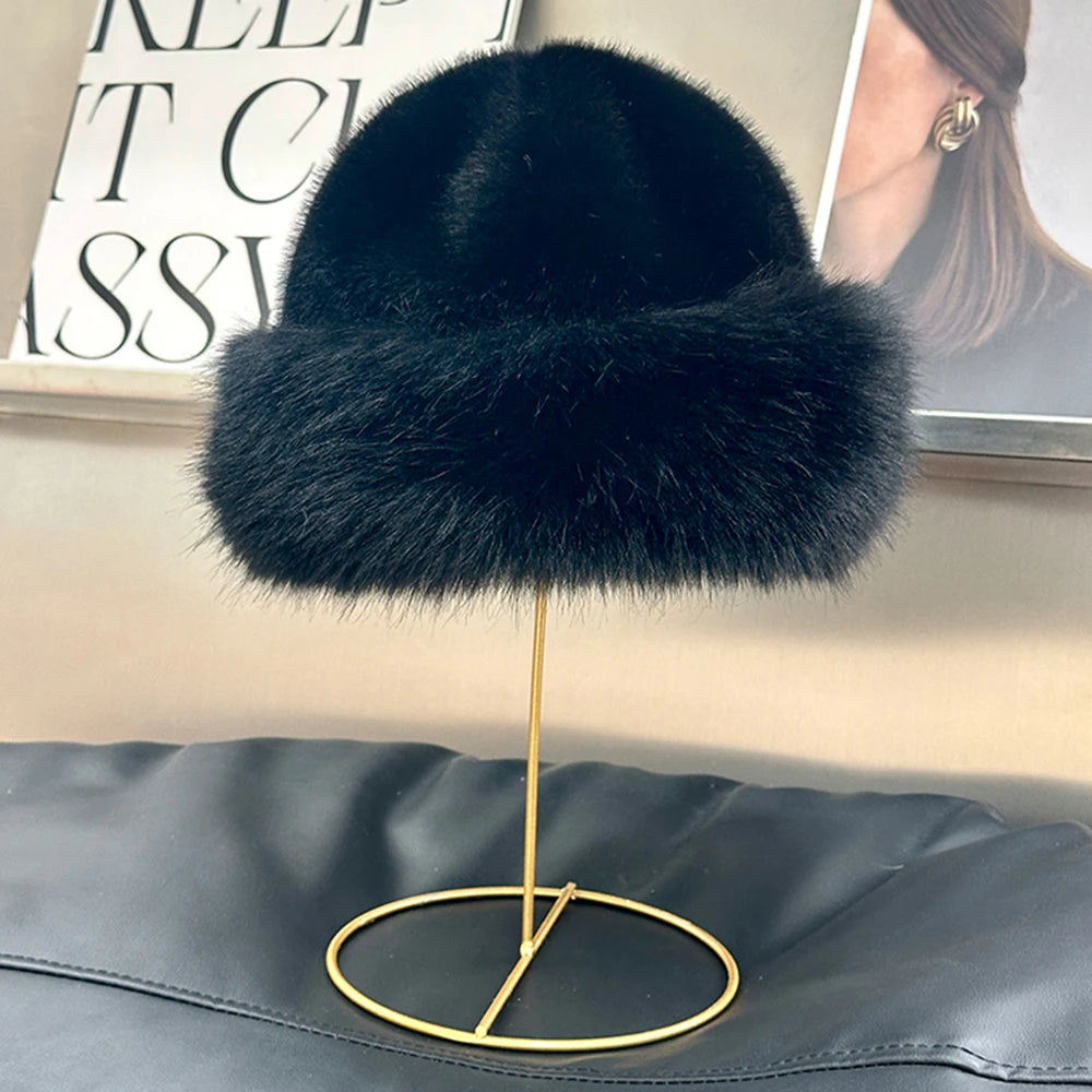 New Style Fake Fox mink Fur Hats Super Soft Women Winter Hat Cotton Lining Warm Russian Fashion Ski Beanies Plush Solid...