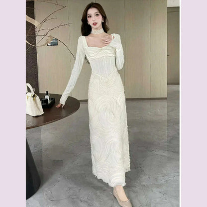 French Romantic Beige Textured Patchwork Design Elegant Square Neck Appliques Slim Elastic Knit Dress