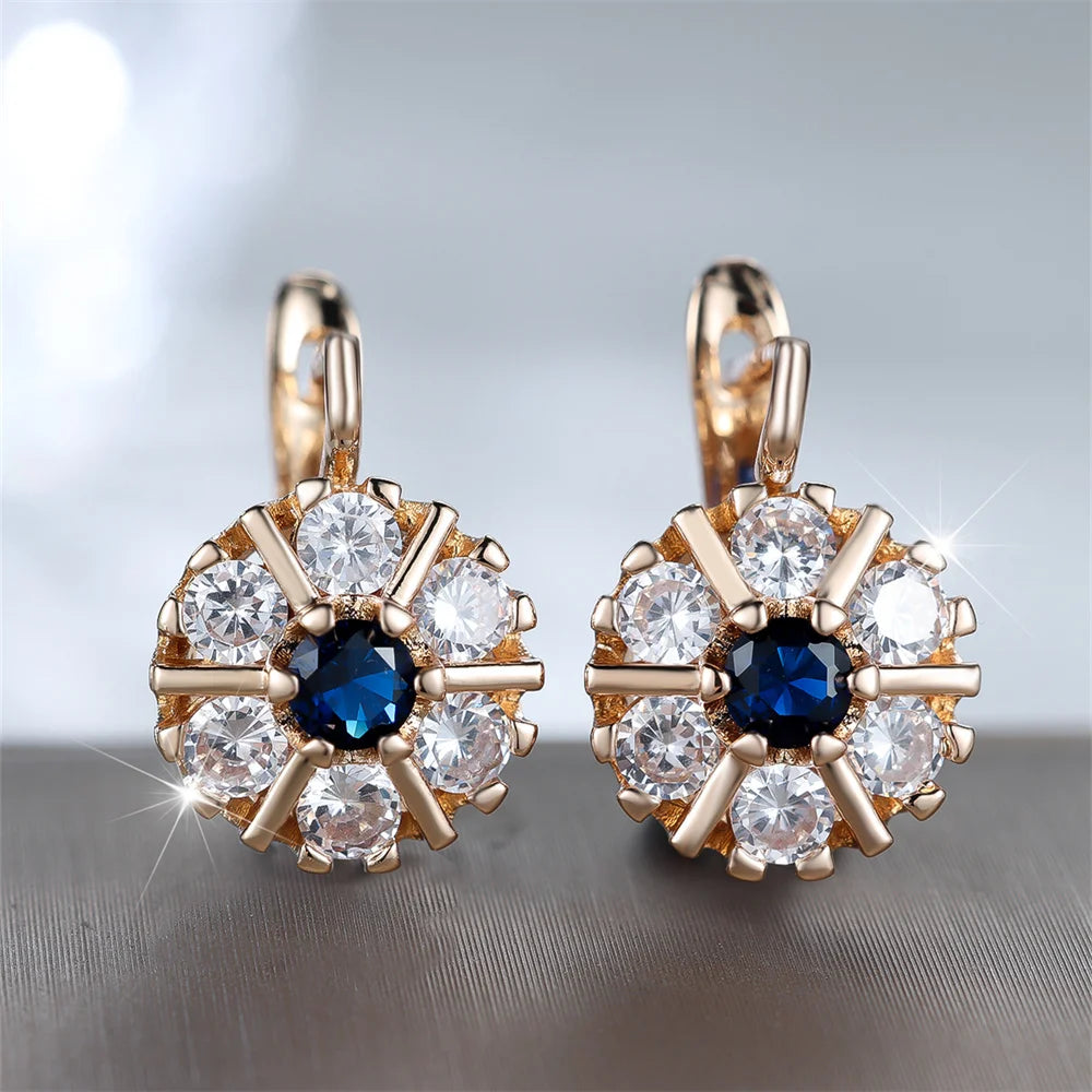 Fashion Blue Crystal White Zircon Flower Hoop Earrings For Women Vintage Gold Color Ear Buckle Wedding Jewelry...