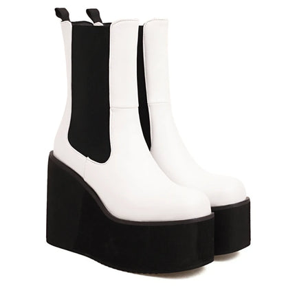 Platform Ankle Boots For Women Shoes Black White Wedges High Heels Gothic Boot Casual Autumn Winter Shoes Female Waterproof