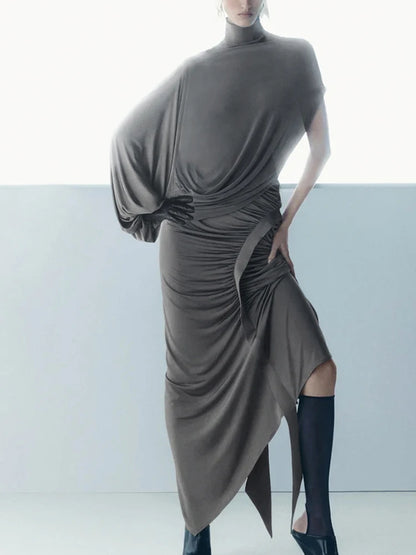 Nibber Summer Y2K Solid Style 2Piece Set Women Turtleneck Single Shoulder Sleeve Tops+Ruched Long Skirts Fashion Elegant Outfits