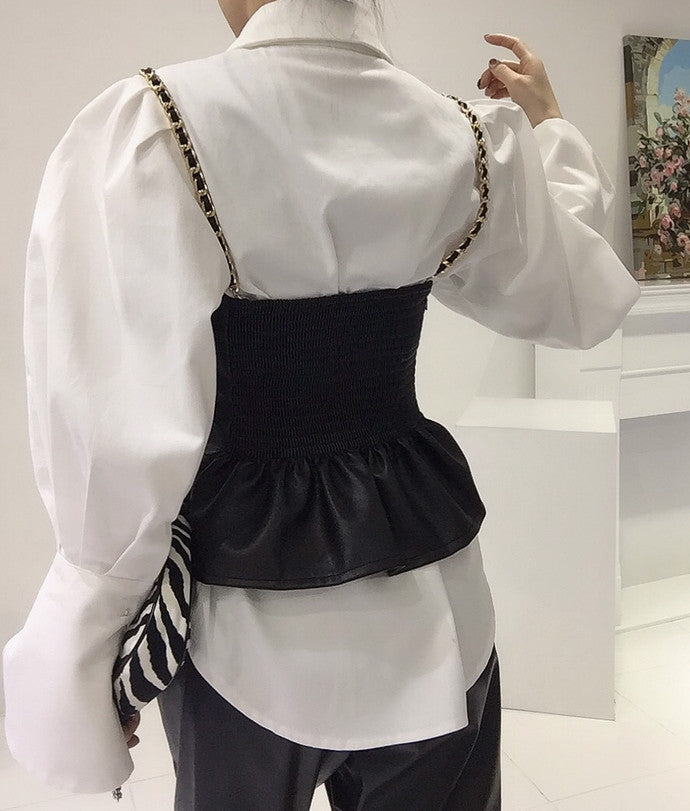 Spring Loose Bubble Sleeved Shirt Y2k White Shirts Women Chain PU Leather Vest Top Blusas Mujer De Moda 2024 Casual 2 Sets - Kimlud