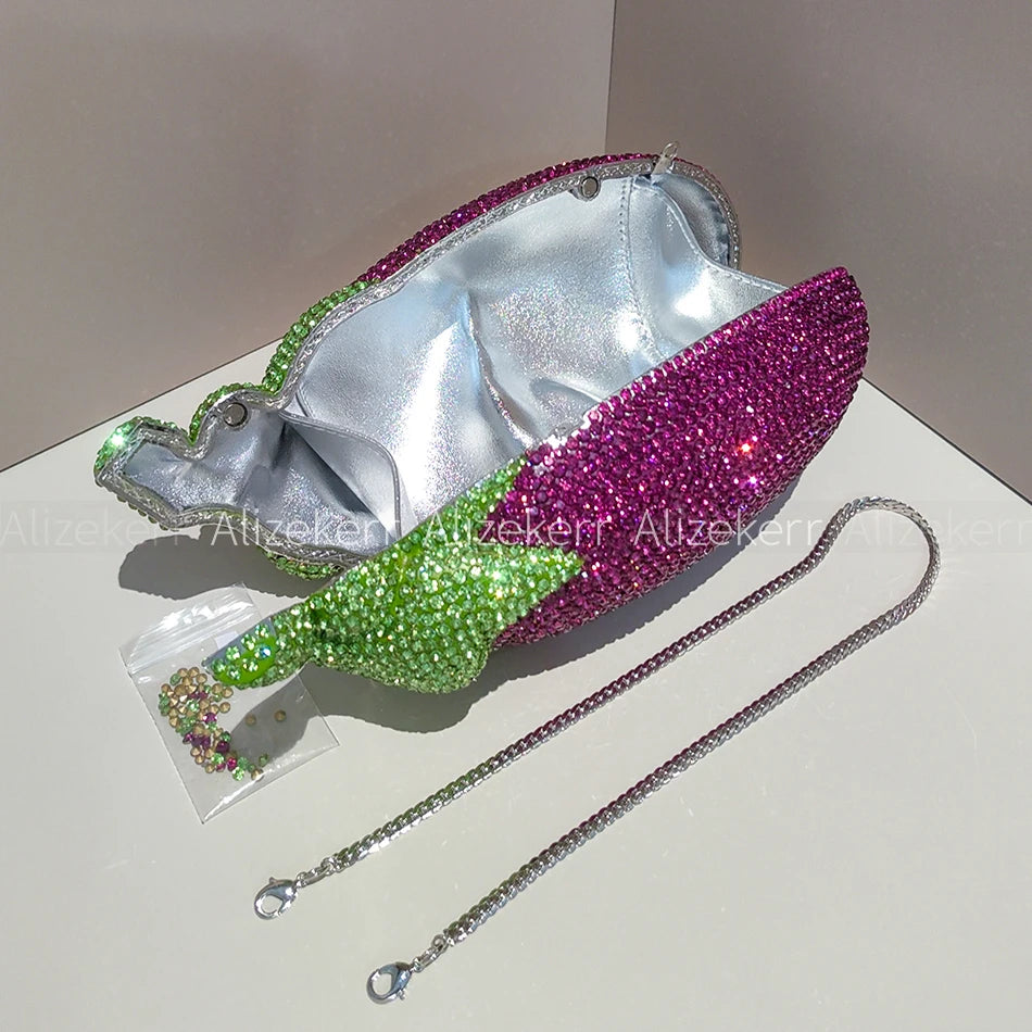 Alizekerr Eggplant Shaped Diamond Evening Bags Women Gorgeous Metallic Rhinestone Purses Ladies Unique Handbags Wedding Party - Kimlud