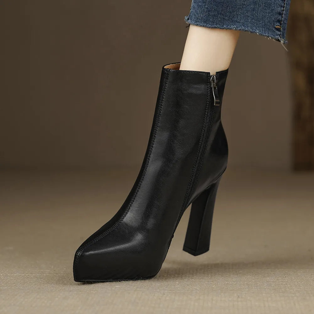 MILI-MIYA New Arrival Middle Splicing Women Cow Leather Ankle Boots Pointed Toe Thick Heels Zippers Solid Color Handmade