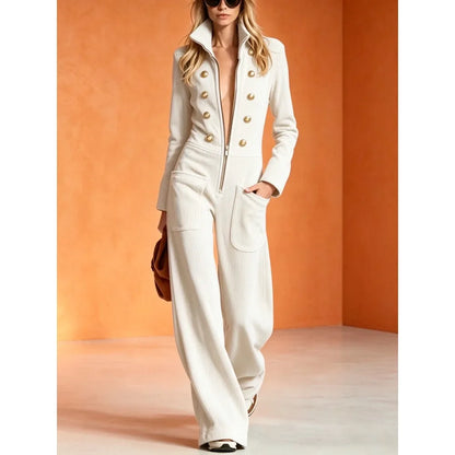 2026 Fall Winter Women Corduroy Stand Collar Front Zip Wide Leg Jumpsuit Mid Waist - Kimlud