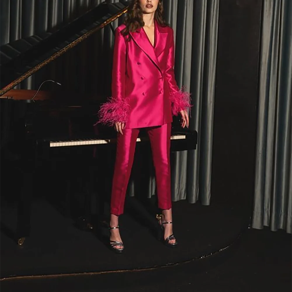 Satin Rose Suit Two Piece Classic Double Breasted Slim Fit Outfit for Women Jacket Pants Luxury Feather New Autumn Suit Set