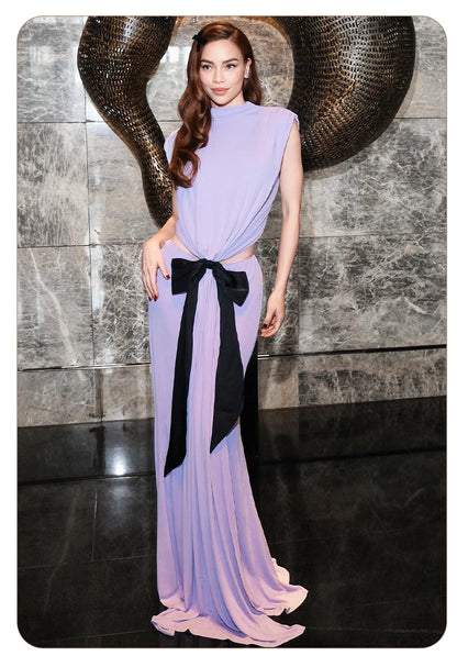 Elegant Purple Low-Waisted Mermaid-Style Long Dress with Black Bow Sexy Patchwork Sleeveless Backless Award Ceremonie...