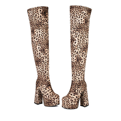 Plus Size High Platform Super Thick Heel Leopard Print Velvet Over The Knee Boots Roman Style Winter Sexy Long Boots