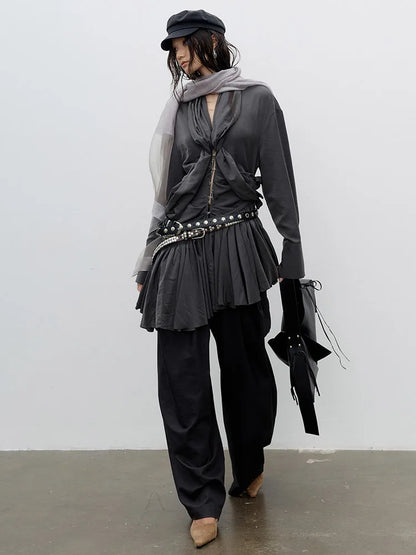 [EAM] Women Gray Pleated Irregular Burr Hem Elegant Shirt Dress New V-neck Long Sleeve Fashion Tide Spring Autumn 2026...