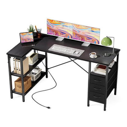 JHK L Shaped Desk with Shelf Drawers 55 Inch Corner Computer Desks Gaming with Power Outlet Adjustable Shelves Home Office Table
