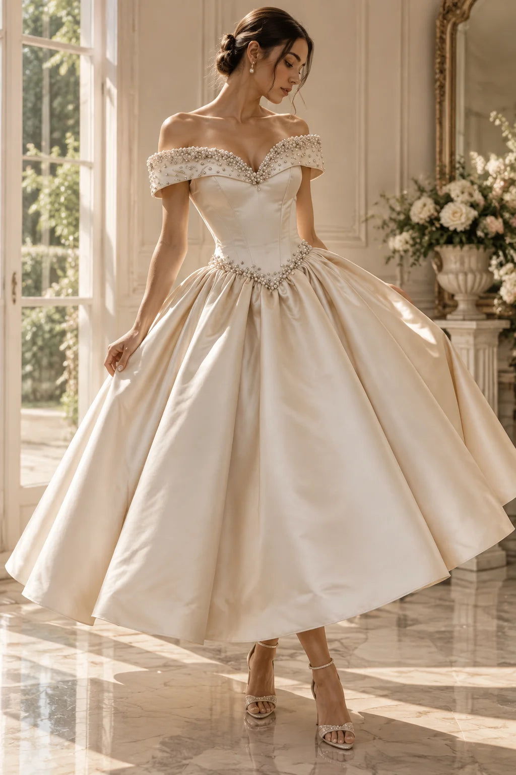 Wedding Dresses Women Luxury Pearl Beaded Off Shoulder Satin A Line Bridal Gown Princess Long Formal Dress Bride...