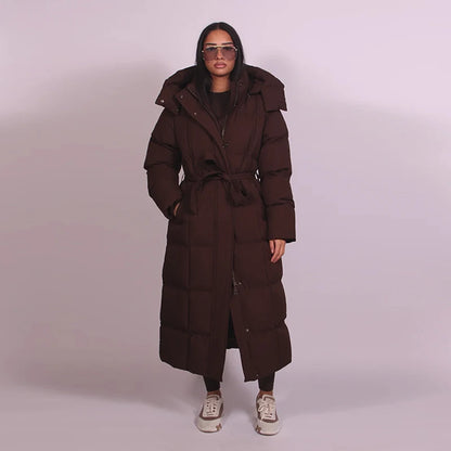 Warm Women's Puffy Quilted Hooded Long Cotton Coat Loose Solid Stand Collar Lace Up Zipper Overcoats 2025 Winter Lady Outwear