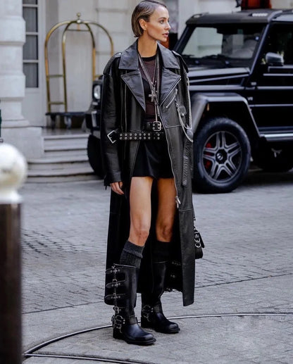 Arden Furtado 2025 Genuine Leather Platform Rivet Motorcycle boots Round toe Belt buckle Block heel mid wide calf Western boots