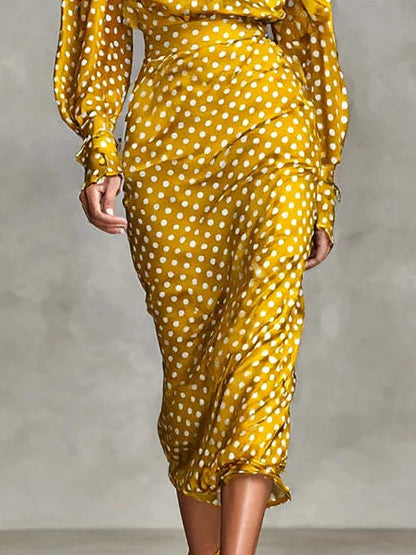 Holiday Dot Printing Simple Outfit, Women Spring Autumn Long Sleeve Elegant 2PCS Sets, Straight Skirts Fashion Chic Ladies Suits