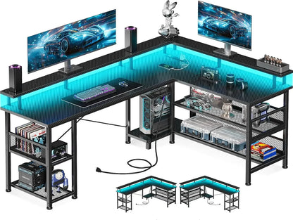 66" L Shaped Gaming Desk with Power Outlet and LED Lights, PC Gaming Table with Carbon Fiber Texture