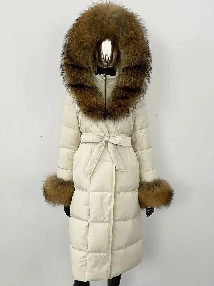 CXFS New Real Raccoon Fox Fur Collar Hooded Natural Long Winter Jacket Women 90 White Duck Down Coat Thick Warm Casual Outerwear